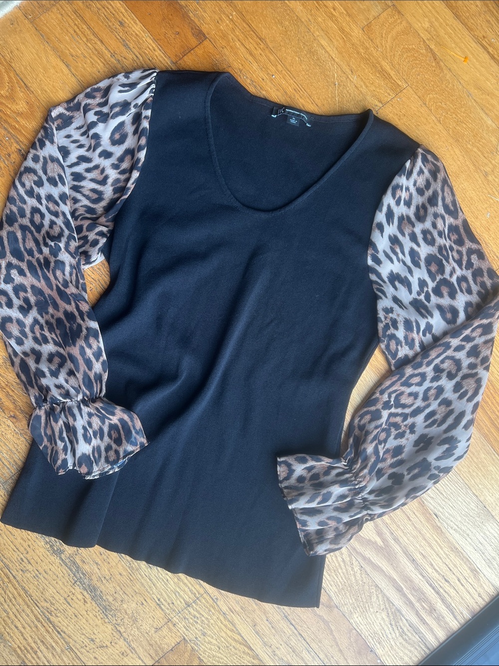 INC International Concepts Black Top with Leopard Print Sheer Sleeves
